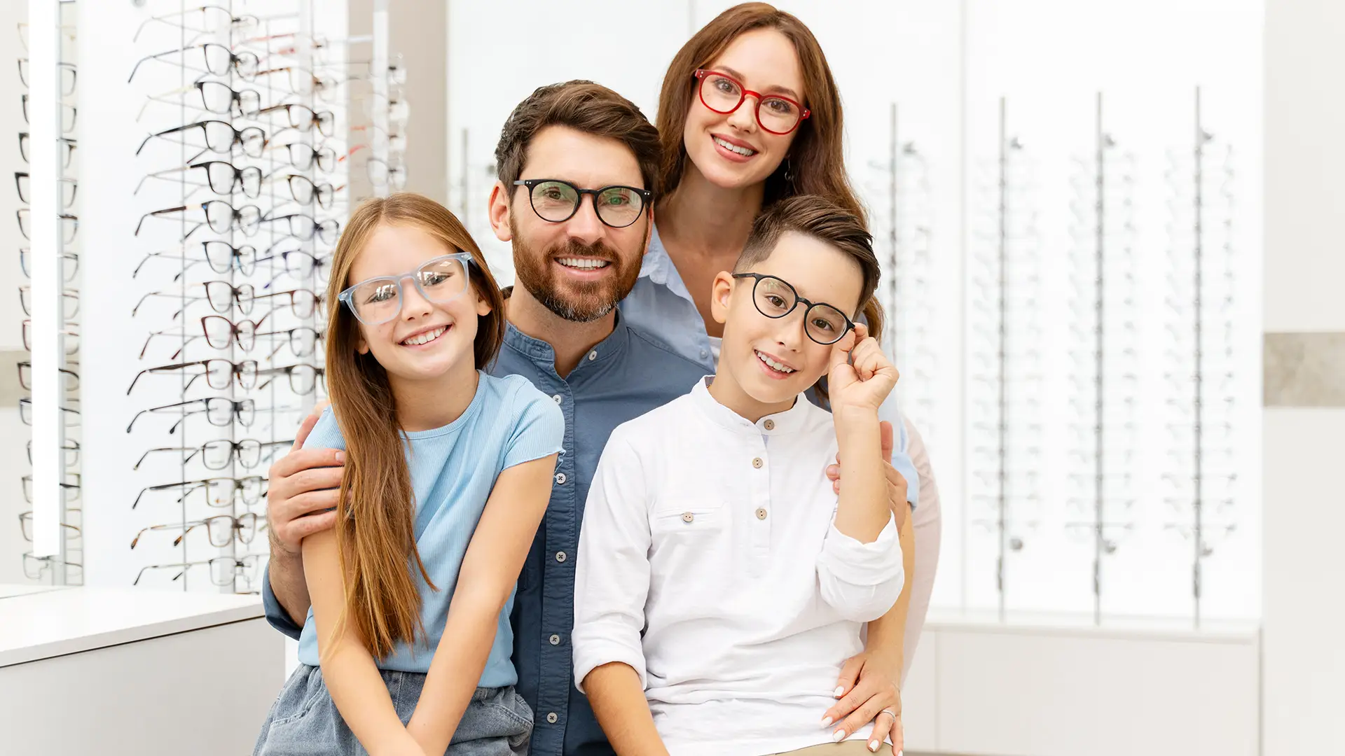 Modern spectacle display with various frame styles